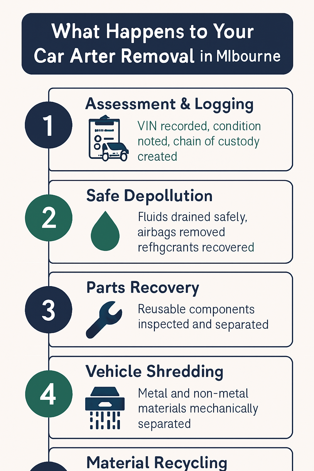 Five-step infographic showing car recycling process: assessment, depollution, parts recovery, shredding, and material recycling.