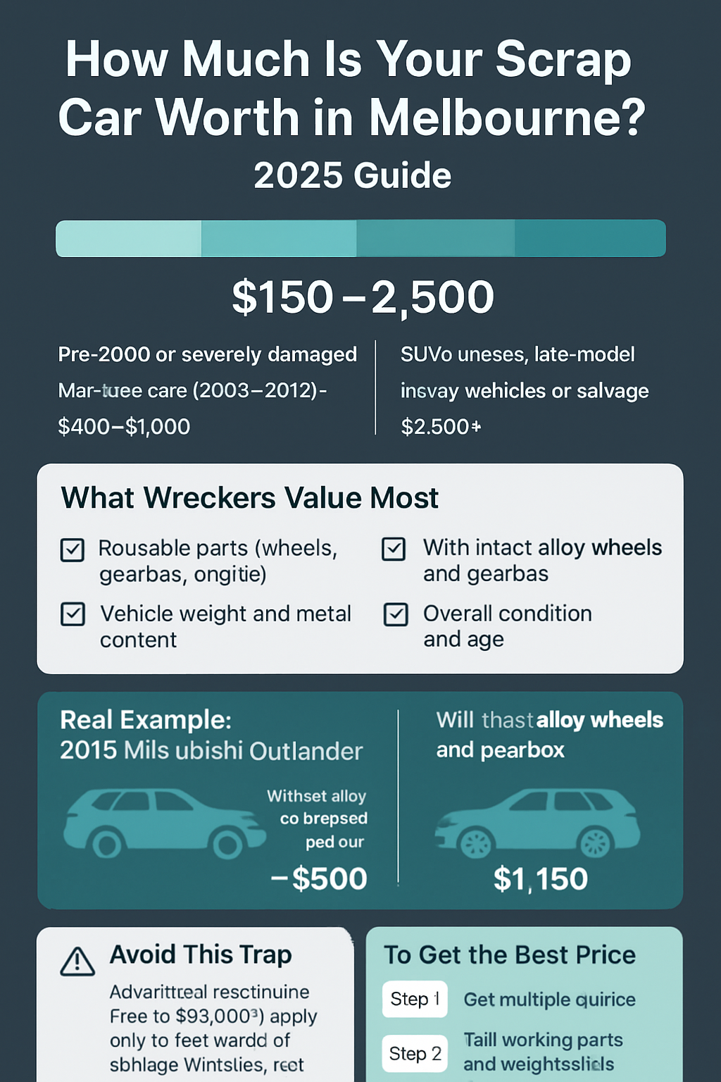 Infographic showing Melbourne scrap car value ranges, pricing factors, and tips for getting fair quotes in 2025.