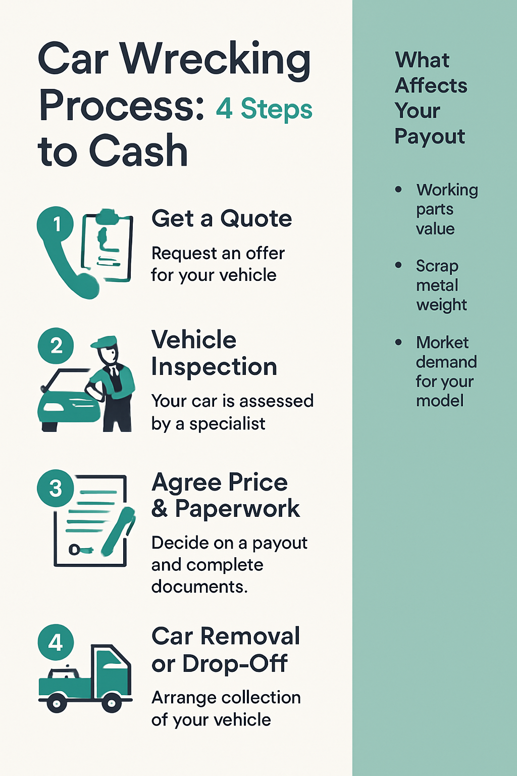 Infographic showing four-step car wrecking process from quote to removal, plus factors affecting payout