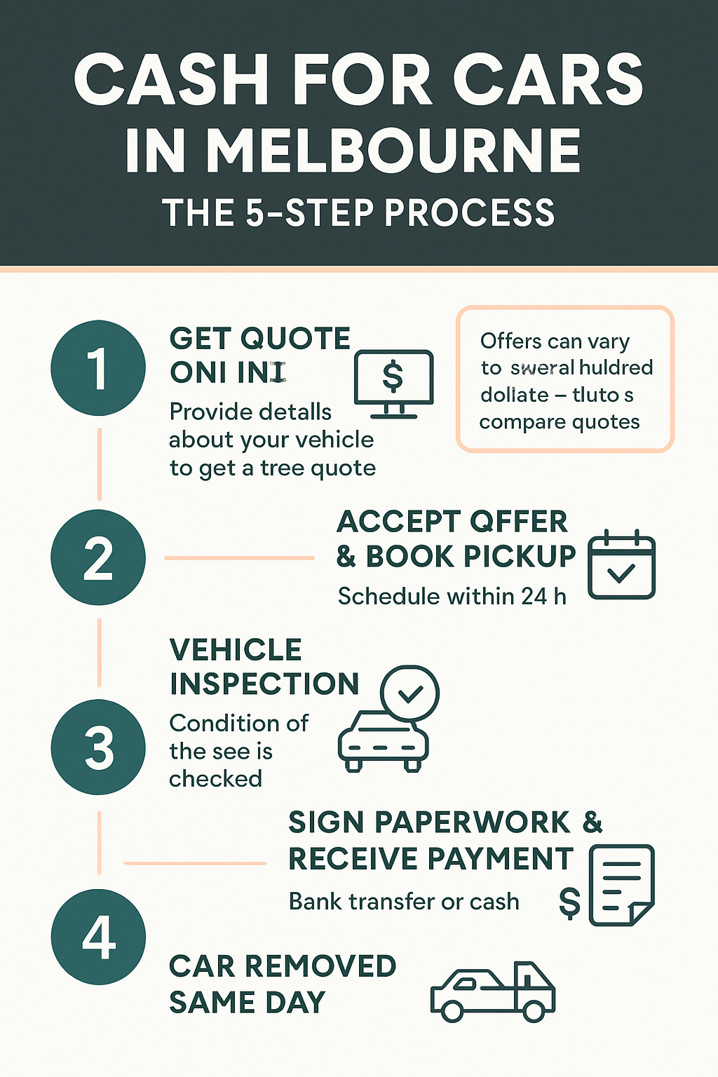Five-step visual guide to the Melbourne cash for cars process from quote to vehicle removal
