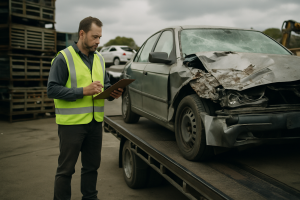 Safety-vested worker inspecting severely damaged sedan on recycling yard flatbed truck