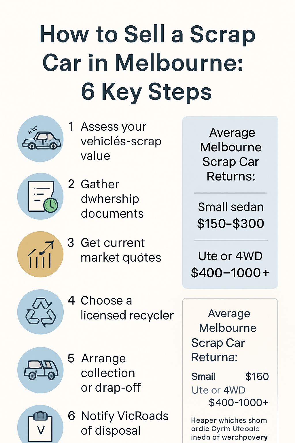 Infographic showing 6 steps to sell a scrap car in Melbourne with value ranges for different vehicle types.