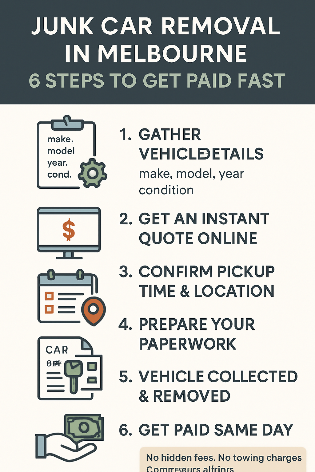 Infographic showing 6 steps for junk car removal in Melbourne, from getting a quote to same-day payment