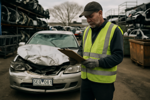 Worker in high-vis inspecting crushed vehicle at Melbourne recycling yard