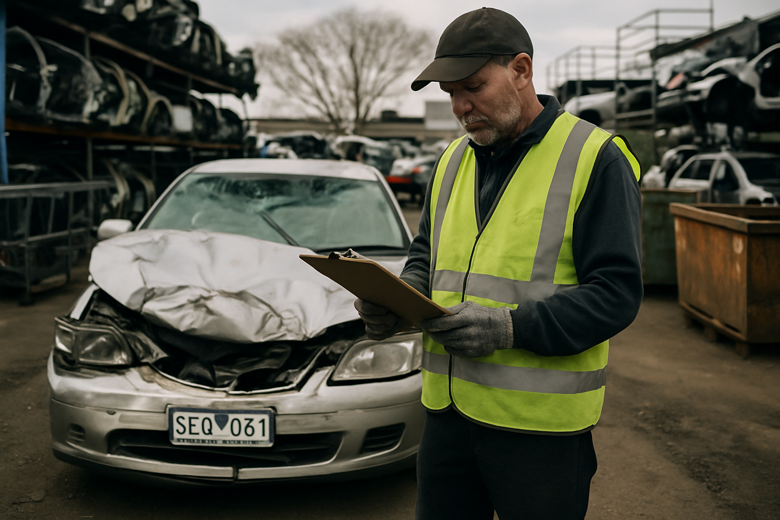 Worker in high-vis inspecting crushed vehicle at Melbourne recycling yard