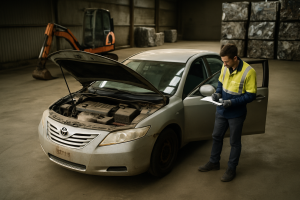 A recycling worker documents details of an old silver sedan at a Melbourne metal recycling facility in natural daylight.