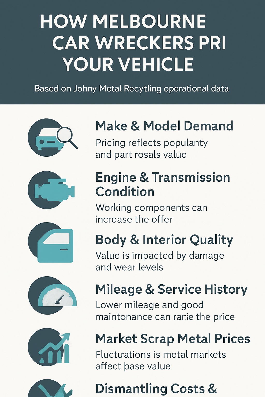 Infographic showing 6 factors that determine car wrecker pricing in Melbourne, presented as a numbered vertical list with icons.