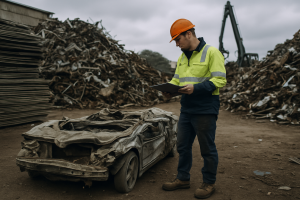 Worker in high-vis checking a crushed car body at a Melbourne metal recycling yard
