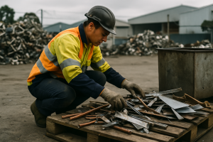 Worker in high-visibility gear sorting mixed metal scraps by hand in a Melbourne recycling yard.