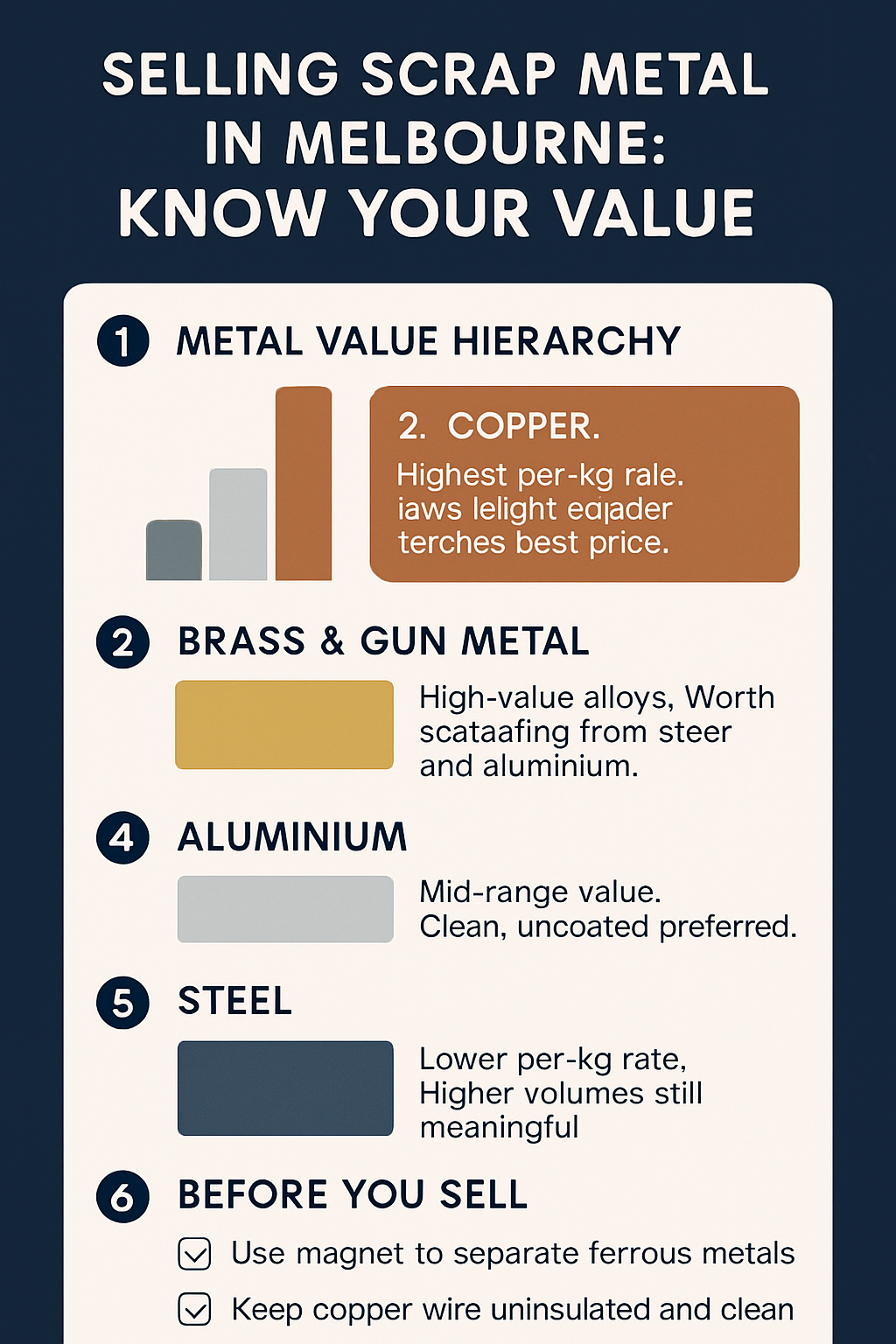 Vertical infographic showing Melbourne scrap metal value hierarchy from copper to steel, plus pre-selling sorting checklist