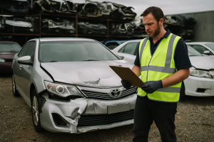 Wrecker in high-vis assesses damaged silver Camry in Melbourne scrap yard