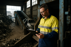 Worker in high-vis gear checking clipboard beside industrial metal shredder processing car shells