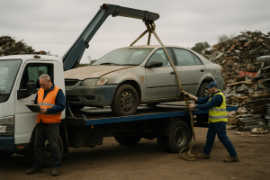 Workers securing an old unregistered sedan onto a flatbed truck at a Melbourne metal recycling yard.