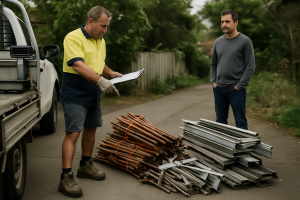 Tradesman assessing sorted scrap metal on a residential driveway in Melbourne, clipboard in hand.