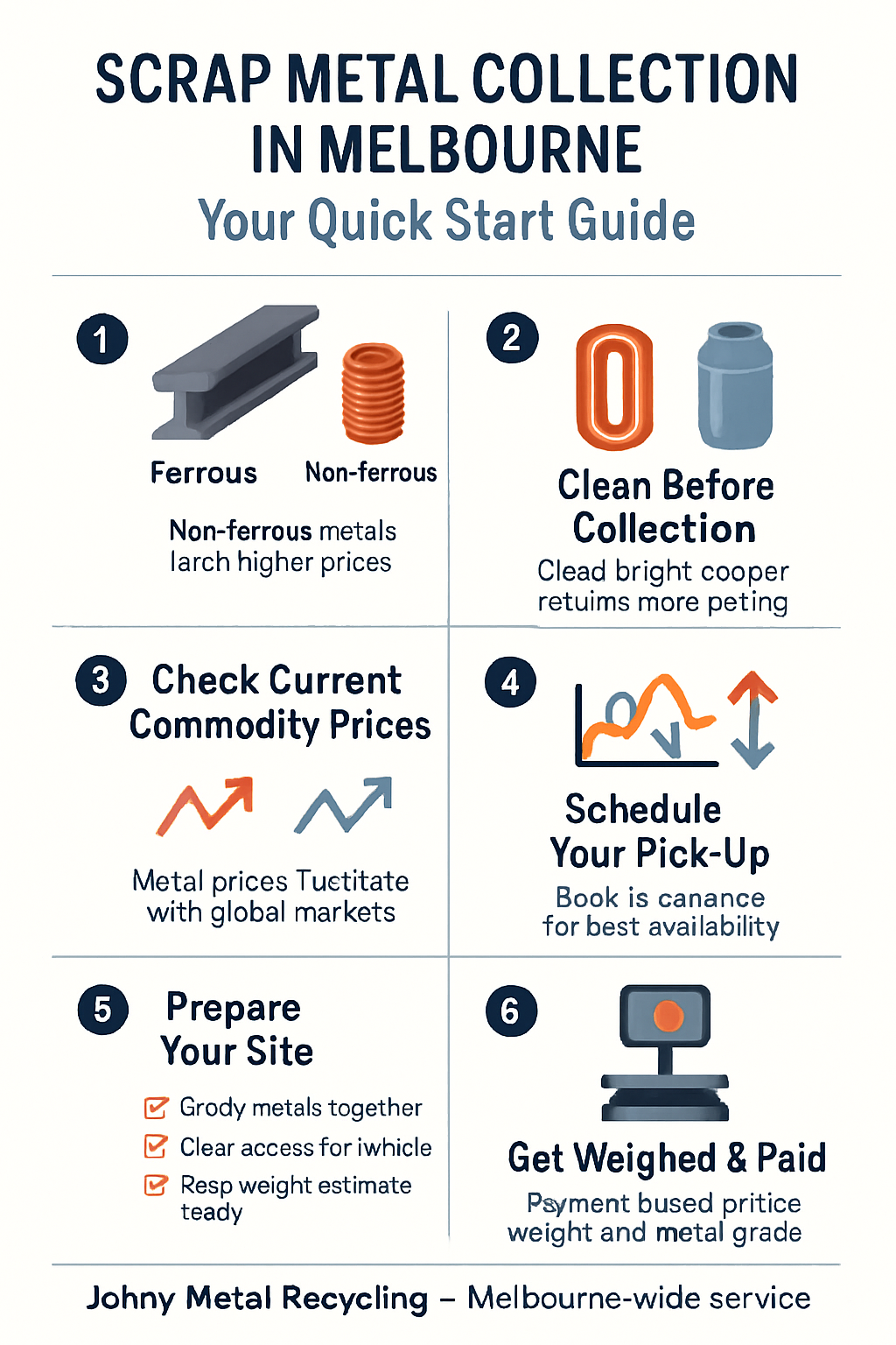 Six-step infographic showing metal sorting, cleaning, pricing checks, scheduling, site prep, and payment process for scrap metal collection.