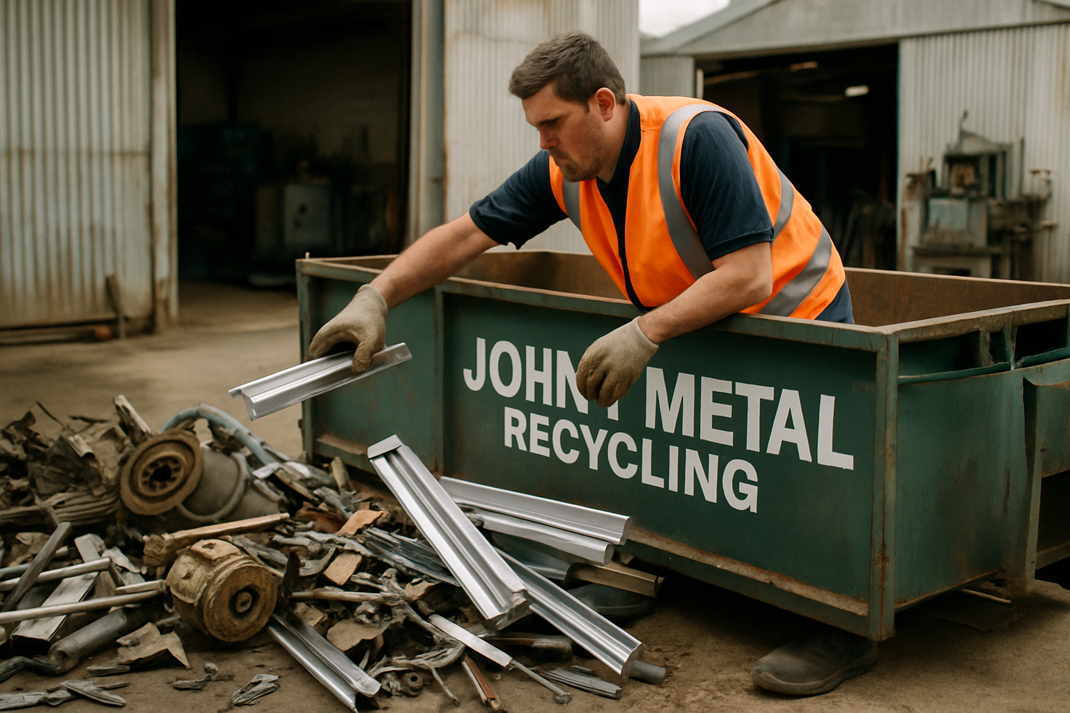 Worker in high-visibility gear loading scrap metal into a collection truck at an outer Melbourne workshop