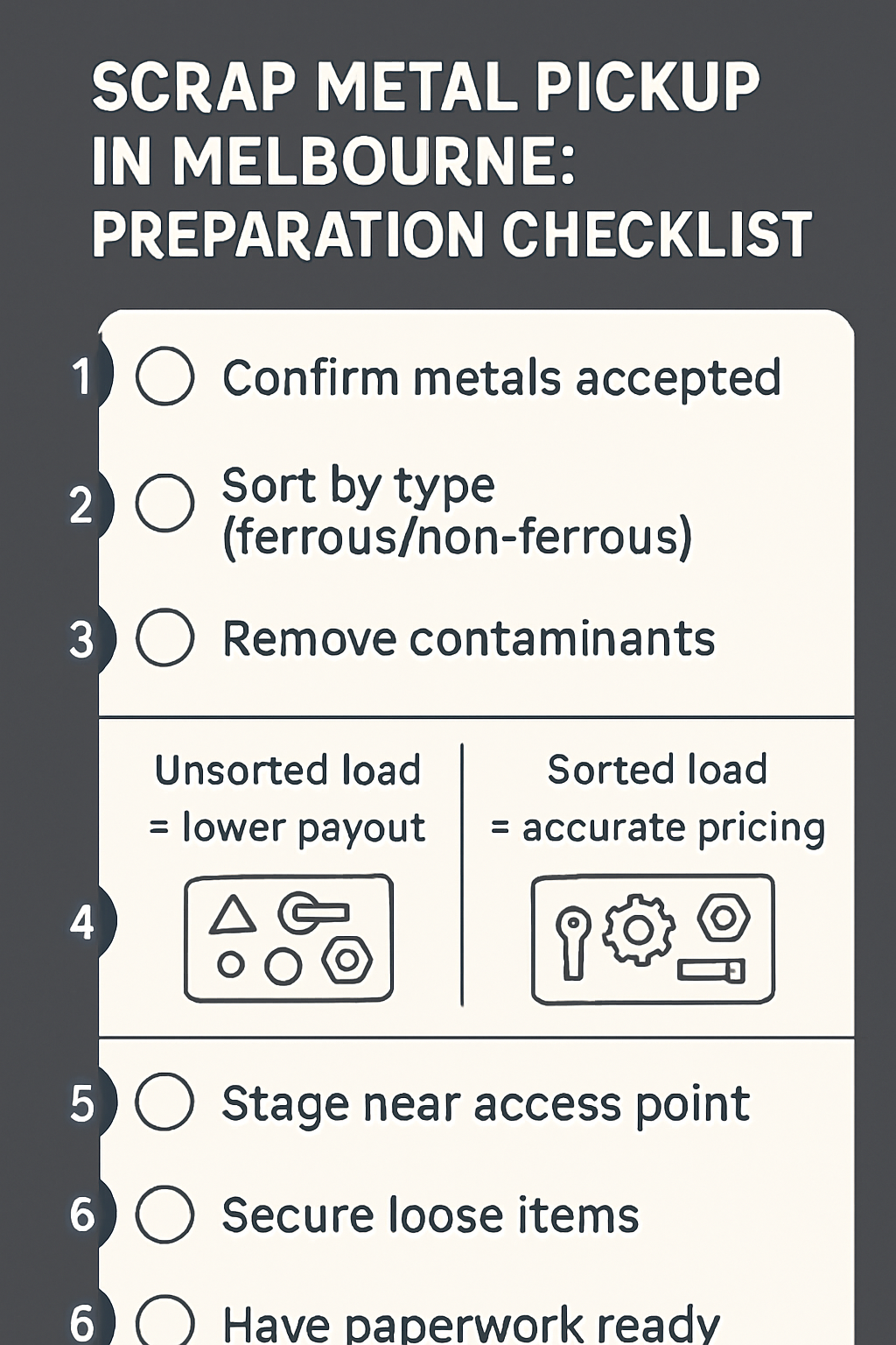 Vertical checklist infographic showing 6 steps to prepare scrap metal for Melbourne pickup collection.