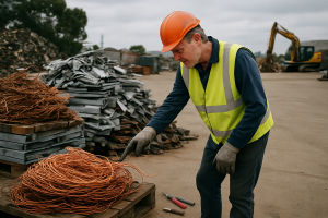 Worker in high-vis examining stacked scrap metal on an industrial site in Melbourne