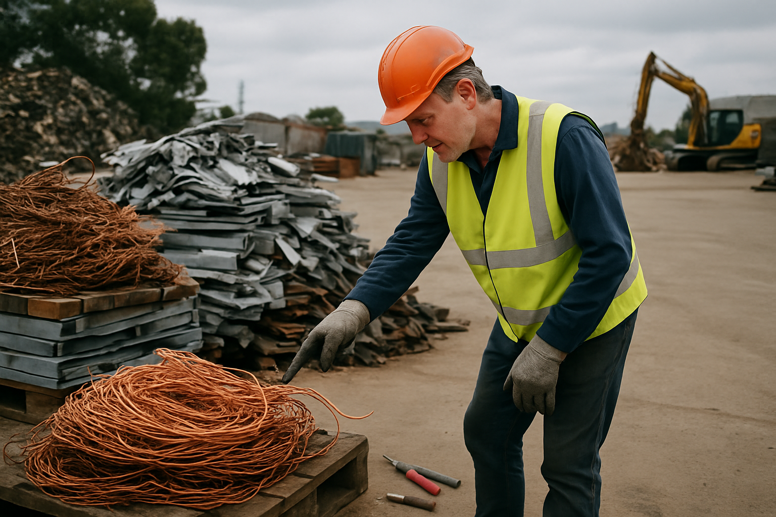 Worker in high-vis examining stacked scrap metal on an industrial site in Melbourne