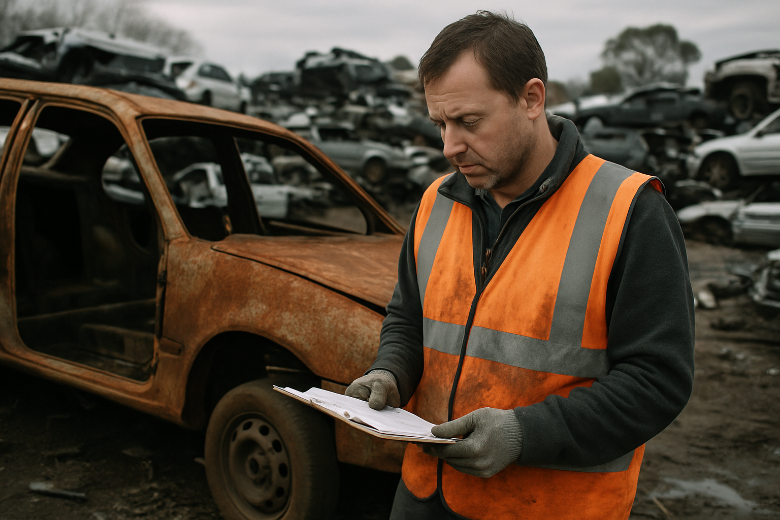 Scrapyard worker in high-vis reviewing paperwork next to a rusted car, overcast Melbourne day