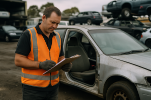 Wrecker assessing stripped vehicle with clipboard in Melbourne yard, overcast daylight