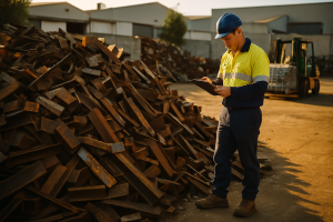 Worker in high-visibility gear checking inventory beside sorted ferrous metal pile at Melbourne recycling facility in afternoon sunlight.