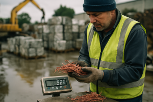 Worker at Melbourne scrap yard weighing sorted copper offcuts on industrial scale