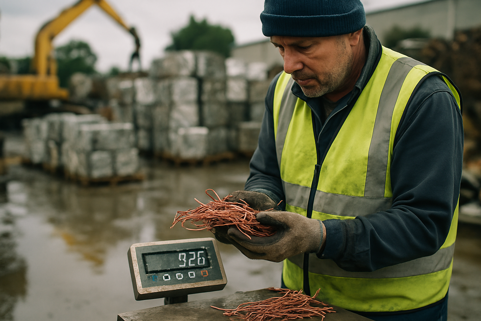 Worker at Melbourne scrap yard weighing sorted copper offcuts on industrial scale