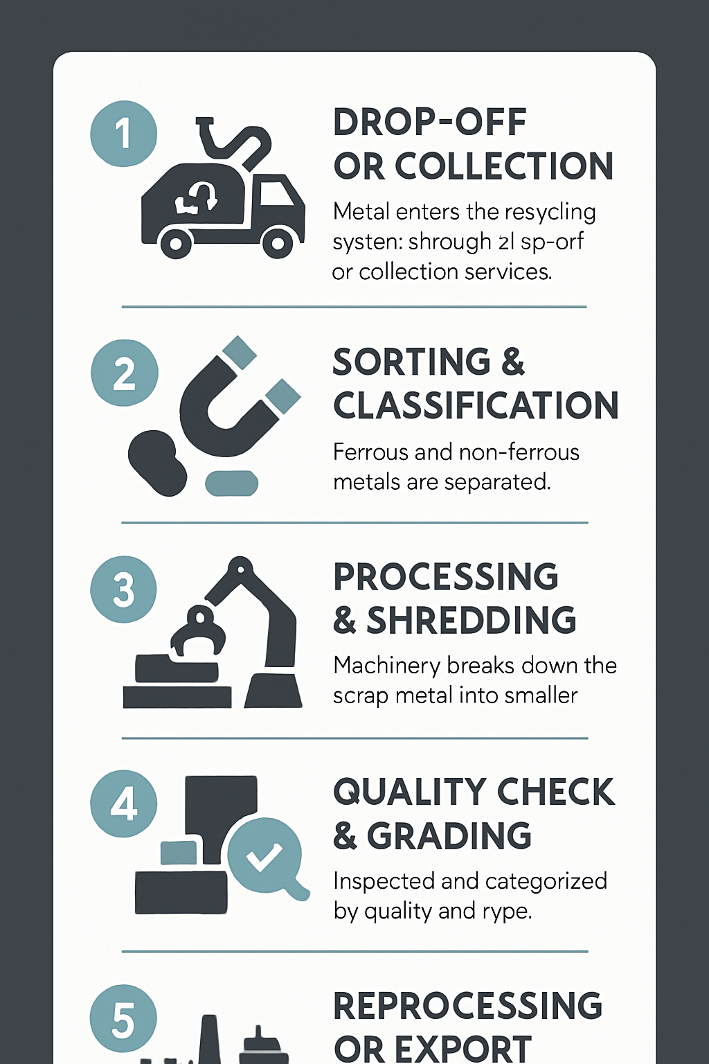 5-step infographic showing the metal recycling process from drop-off to final reprocessing or export in Melbourne facilities