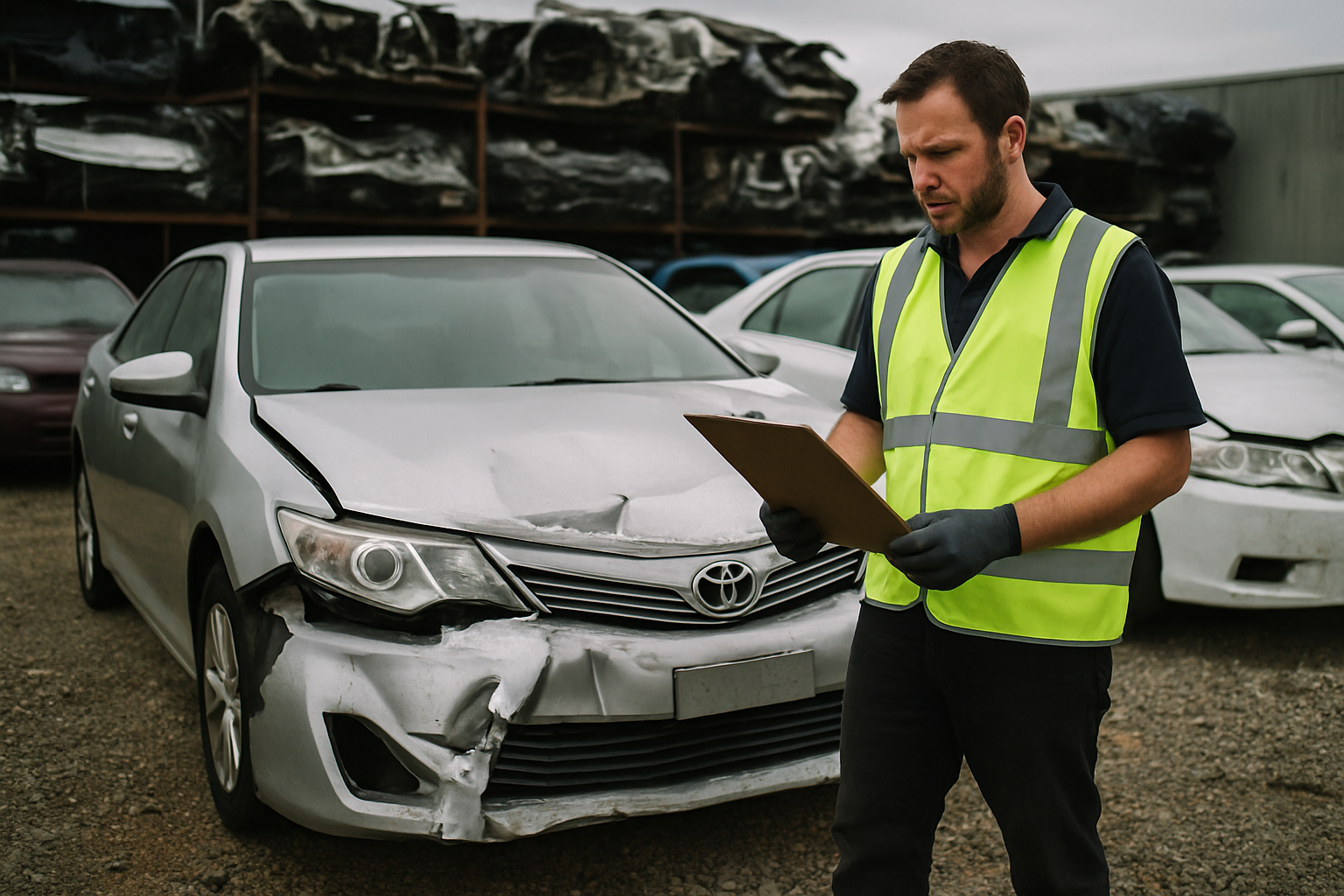 Wrecker in high-vis assesses damaged silver Camry in Melbourne scrap yard
