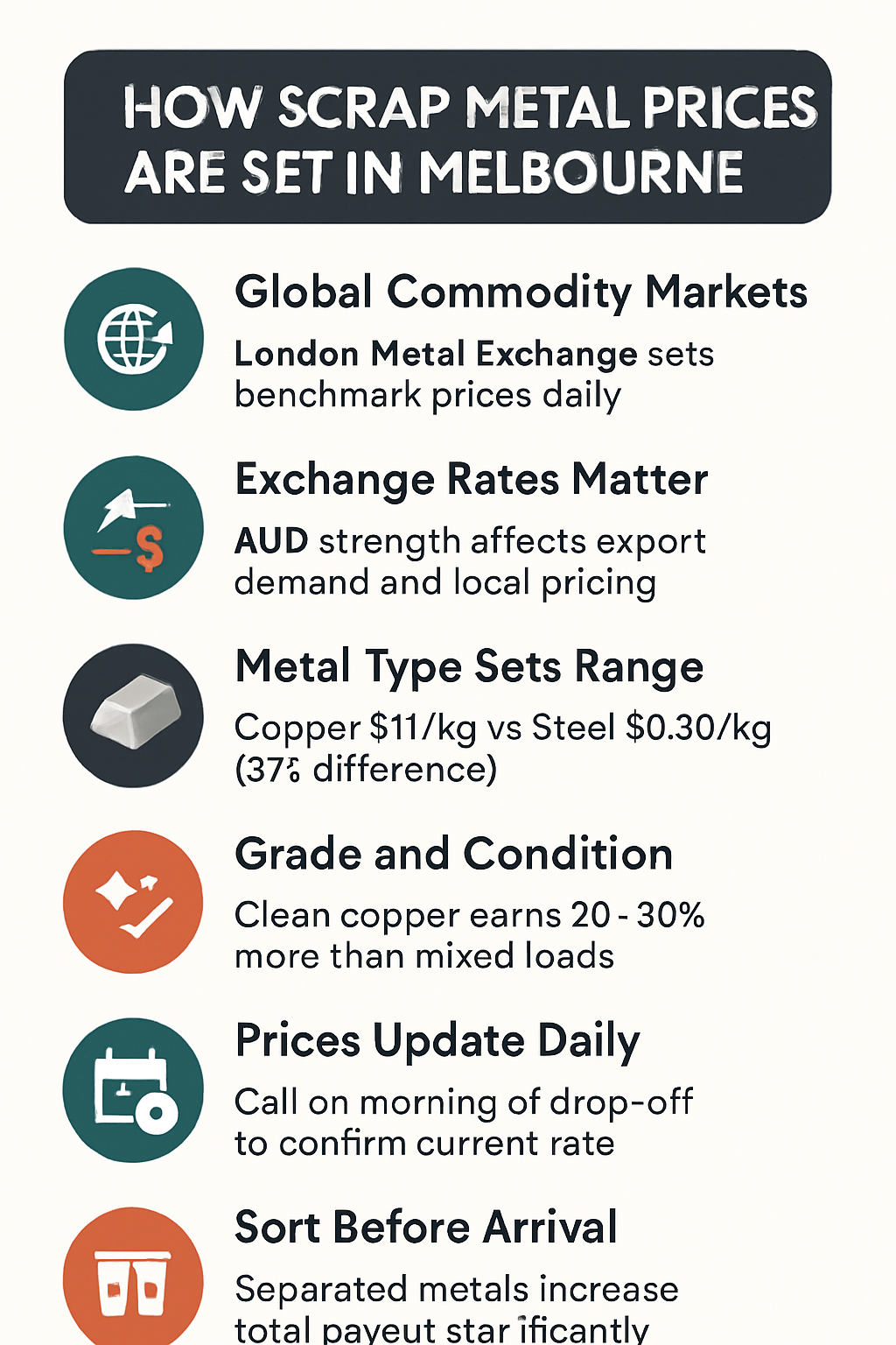 Infographic showing 6 factors that determine scrap metal prices in Melbourne, including global markets, exchange rates, metal type, condition, daily updates, and sorting tips.