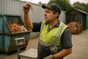 Scrap yard worker examining copper wire offcuts at a weighing station on an overcast morning